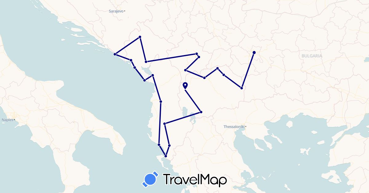 TravelMap itinerary: driving in Albania, Bulgaria, Croatia, Montenegro, Macedonia, Kosovo (Europe)